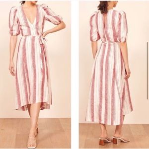 Reformation Waves Red Striped Wrap Dress in Savannah Stripe Size Large Linen